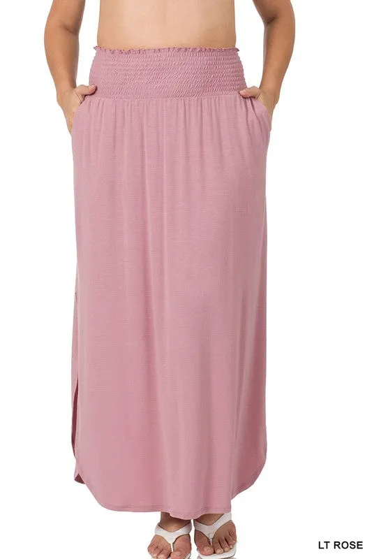 ZENANA Plus Smocked Waist Side Slit Maxi Skirt w/ Pockets