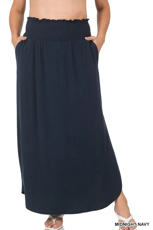 ZENANA Plus Smocked Waist Side Slit Maxi Skirt w/ Pockets